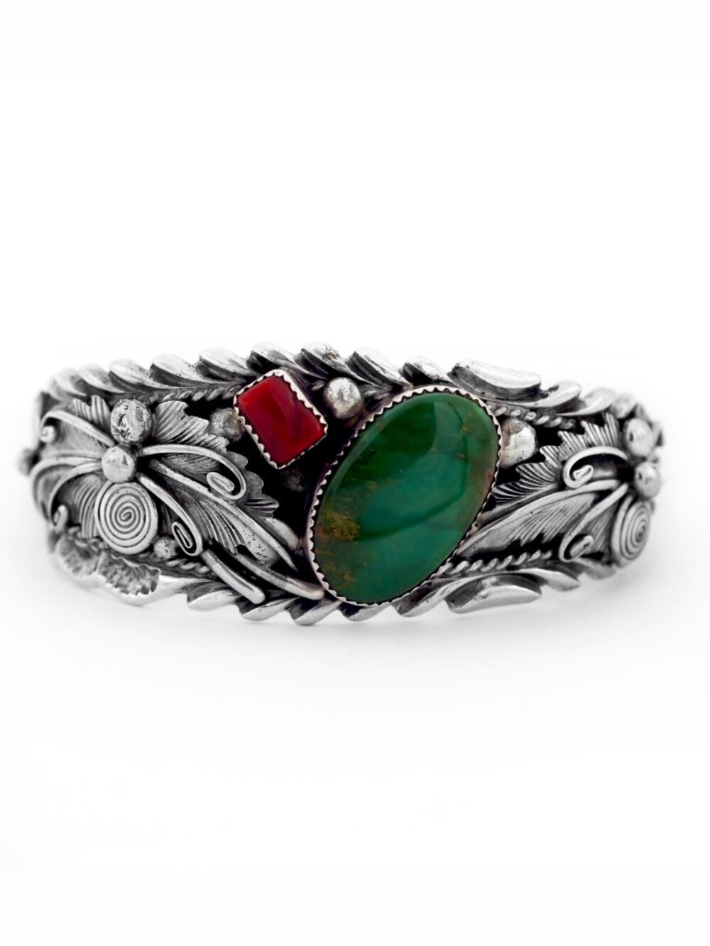 Native American Vintage L.C Sterling Silver Turquoise Coral Cuff Bracelet